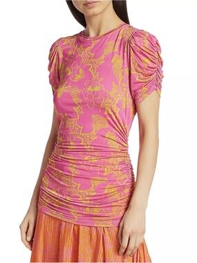 Tanya Taylor Chaia Floral Ruched Jersey Top in Ikat Flower Pink